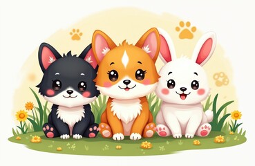 Fototapeta premium Three cute cartoon animals, dog, corgi, bunny, sit together in grassy field with flowers. Paw prints visible in soft yellow background. Friendly group of pets represents companionship, happy times.
