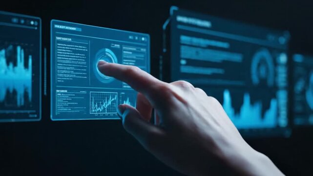Hand Interacting with Digital Data Screens.