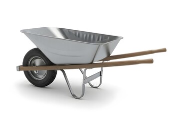 Empty metal wheelbarrow with wooden handles isolated on a white background, high-quality 3D render of essential construction, landscaping, and gardening equipment.