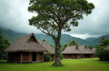 Obraz premium Tropical village huts with thatched roofs sit on rich green grass. Tall trees and misty mountains form a backdrop. Serene island atmosphere.