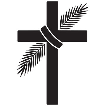 Christian cross adorned with palm leaves and a sash, symbolizing Easter