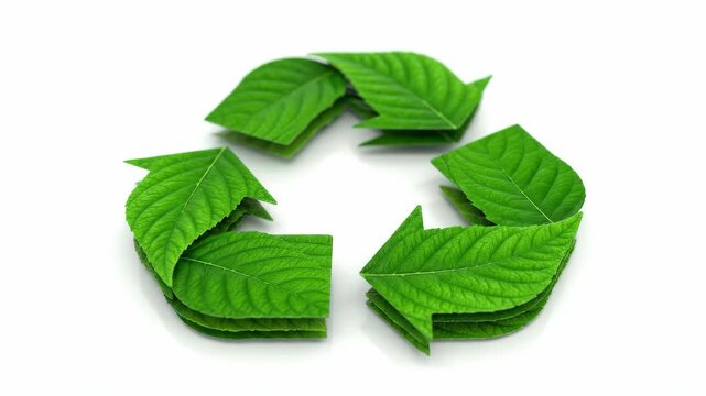 Green recycling symbol made of fresh leaves. Eco-friendly animation represents sustainability, renewable energy, environmental protection, and zero waste lifestyle
