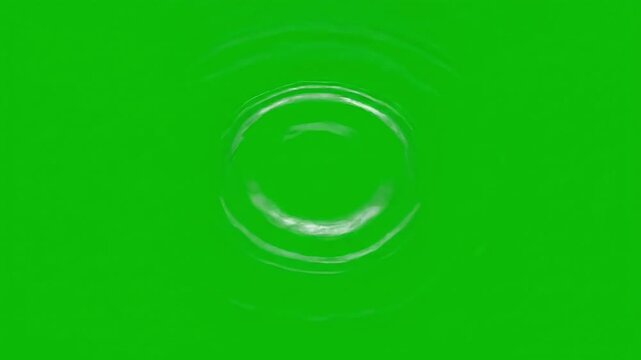 Water droplet creating circular ripples on green screen background with a splash effect in slow motion photography