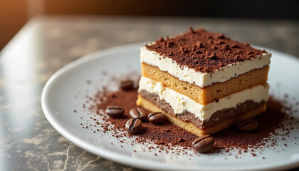 Gourmet Tiramisu Cake on Marble Table with Coffee Beans and Chocolate Shavings