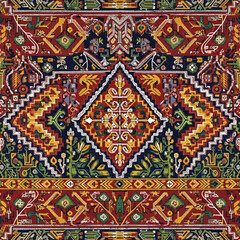 Fototapeta premium Intricate Persian rug pattern with geometric and floral motifs in red, yellow, and blue.