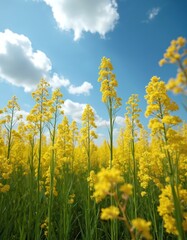 Obraz premium Field of bright yellow flowers reaches skyward under a blue cloudy sky. Green stalks stand tall in a sunny meadow. Natural botanical scene in summer.