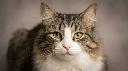 Obraz premium Close-up Portrait of a Beautiful Tabby and White Domestic Cat with Striking Green Eyes