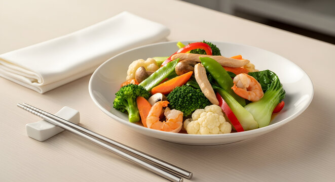 Fresh and colorful presentation of Indonesian capcay vegetable stir fry in clean editorial style.