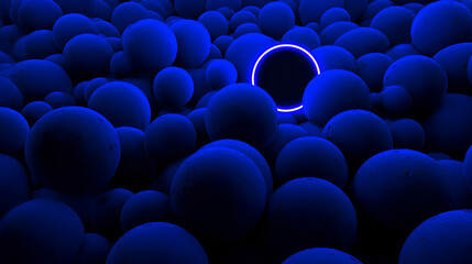Obraz premium Abstract background with blue neon light glowing amongst the dark spheres, simple geometric wallpaper. Minimalist 3d illustration Stock Illustration