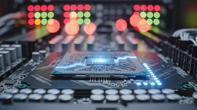 A high-tech 3D animation of a computer processor on a motherboard with electrical blue lightning sparks, representing powerful computing and AI energy.