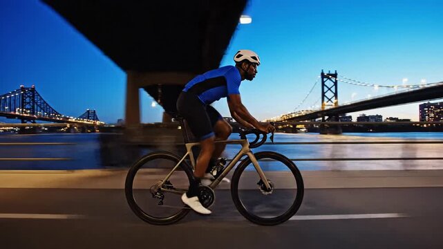 Male cyclist rides fast on city road at dusk, urban bridge lights and river in background, fitness training and commuting concept, energetic mood for summer travel