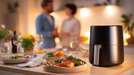 Naklejka premium Modern air fryer appliance on kitchen countertop, helping a couple prepare a healthy dinner with salmon and vegetables