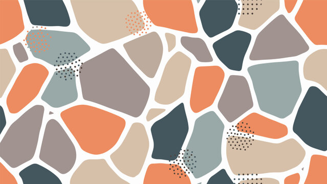 Abstract seamless pattern of irregular stone shapes in earth tones like terracotta, sage, and charcoal with dot accents.