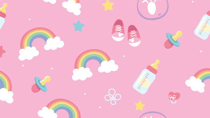 Fototapeta premium Sweet nursery pattern on a pink background featuring rainbows, clouds, baby bottles, pacifiers, and little shoes.