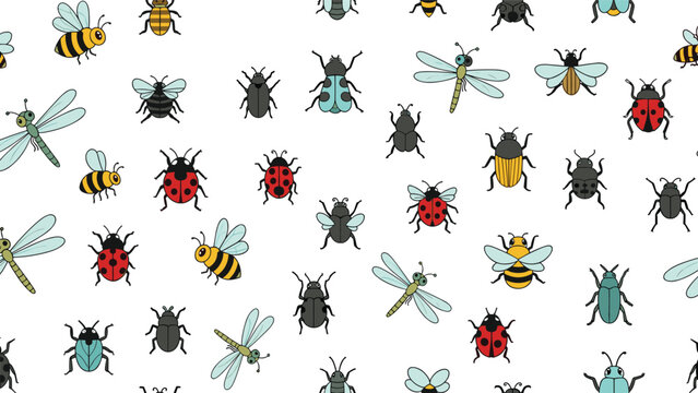 Seamless pattern of various colorful insects including bees ladybugs dragonflies and beetles on a white background for fabric and wallpaper.