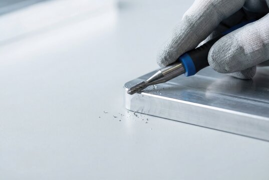 A worker's hand in a protective glove uses a deburring tool to smooth the sharp edges of a rectangular aluminum plate, creating small metal shavings.