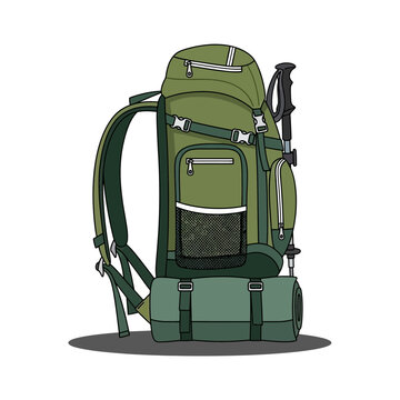 Green hiking backpack with trekking poles and sleeping bag