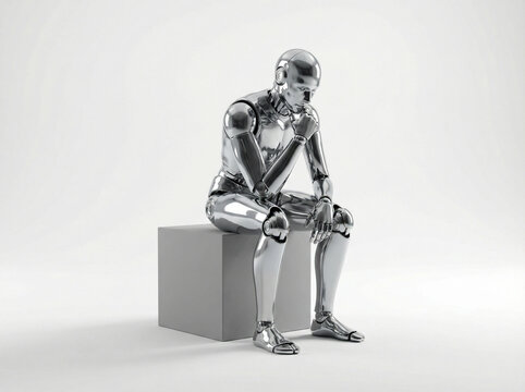 A chrome-plated robot in a contemplative pose, sitting on a grey cube against a white background.