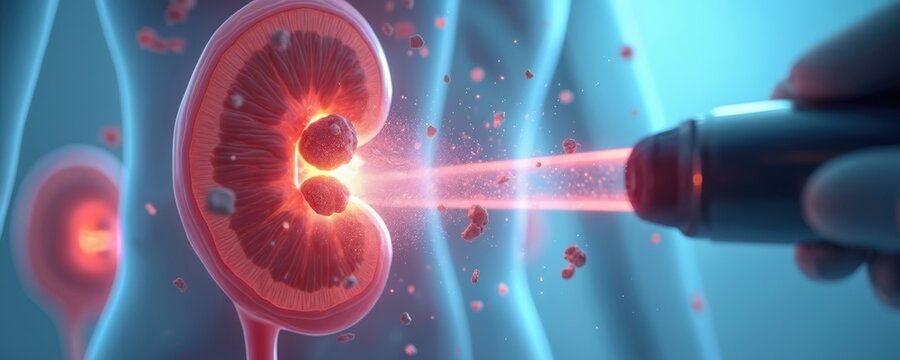 Doctor uses laser to break kidney stones. Precision medical technology for urology treatment. Patient receives advanced healthcare for kidney stone removal. Pain relief and recovery from surgery.