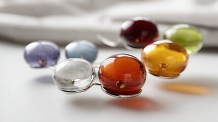 Abstract arrangement of polished metal discs and colored glass orbs on a soft background