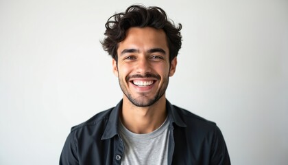 Obraz premium Young man with dark hair and beard smiles broadly, showing teeth. He wears dark shirt over grey t-shirt. Isolated on plain white studio background, he looks directly at camera with happy expression.