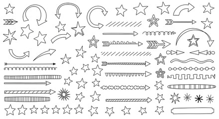 Fototapeta premium Versatile Hand-Drawn Doodle Graphics Collection Arrows, Stars, and Decorative Dividers for Creative Design Projects, Illustrations, and UI Enhancements