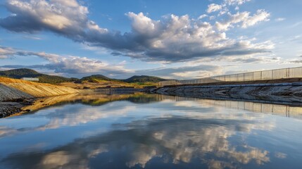 Gold mining tailings pond, reflecting blue sky and clouds, showing environmental impact and industrial waste