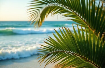 Fototapeta premium Palm leaves frame a tranquil beach scene with gentle ocean waves. Soft light illuminates the sand and sea, evoking a peaceful tropical getaway. This natural view is perfect for relaxation themes.