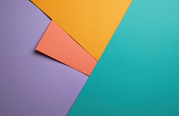Abstract composition of pastel paper sheets in purple, orange, yellow, and teal colors. Geometric shapes create a minimalist flat lay background. Clean design for graphic projects.