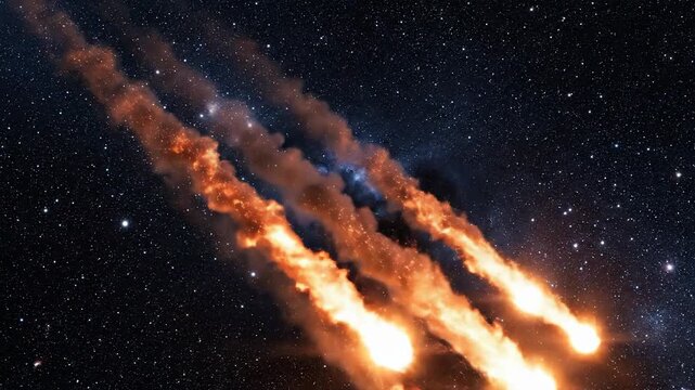 Intense meteor shower streaking across the dark blue nebula and starry night sky, ideal for space exploration and apocalyptic themes.