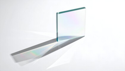 Clear, rectangular glass block casts a spectral shadow on a white surface
