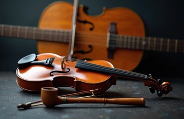 Fototapeta premium Violin with bow rests on table before acoustic guitar. Wooden pipe lies nearby. Dim studio lighting emphasizes antique string instruments and accessory. Music concept background.