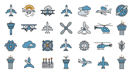 Set of Aviation Icons Featuring Aircraft, Control Towers, and Flight Elements © Salsa