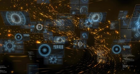 Fototapeta premium Swirling golden particle vortex and hologram panels drawing user into data tunnel, with gauges