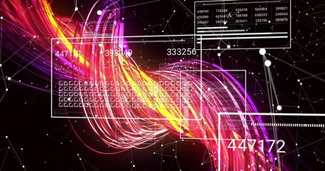 Displaying central colorful data ribbon twisting across black backdrop, with HUD panels readouts © vectorfusionart