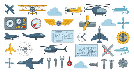 Collection of Aviation Elements and Icons Aircraft, Tools, and Blueprints © Salsa