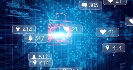Pulsing padlock showing circuitry core glow in virtual grid, with alert bubbles 21 414 517 305
