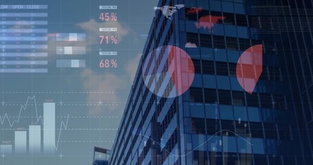 Displaying glass office tower reflecting sky in downtown, overlaying 45% 71% 68% financial charts