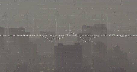 Displaying white dotted waveform overlaying hazy downtown skyline, showing towers and cranes