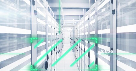 Showing central server aisle drawing attention in datacenter, with glossy racks and green overlays