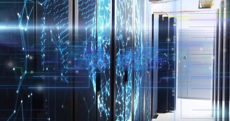 Obraz premium Displaying row of rack-mounted servers showing glowing blue LED network overlay in datacenter aisle