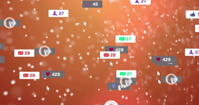 Floating cluster of notification badges drifting on virtual dashboard, showing counters and cursors