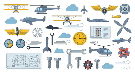 Aircraft and Flight Related Icons, Tools, and Technical Drawings Set © Salsa