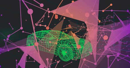 Obraz premium Rotating neon-green 3D wireframe car hovering in virtual 3D space with pink panels node links grid