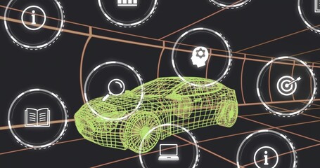Obraz premium Displaying neon-green wireframe car model rotating in workspace, showing UI icons and orange grid