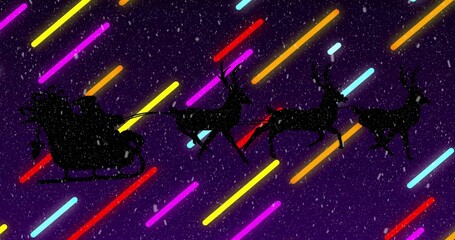 Gliding sleigh with Santa coat, gift sack being pulled by three reindeer at night, neon streaks