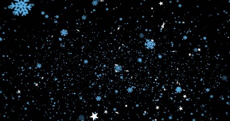 Naklejka premium Displaying dense field of blue snowflakes, small blue dots, white stars on black digital wallpaper