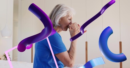 Sipping senior woman wearing blue tshirt holding cup on bed in bedroom, with purple-blue 3D ribbons