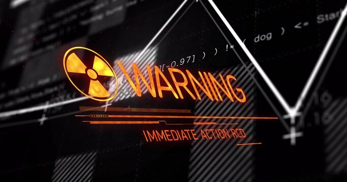 Glowing orange radiation icon with WARNING text dominating HUD, displaying IMMEDIATE ACTION RCD