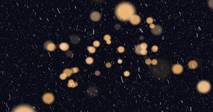 Glowing warm golden orbs creating abstract bokeh at night, showing falling snow streaks